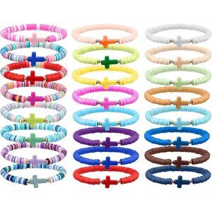 Jesus WWJD Colorful Polymer Clay Beaded Bracelets Set - Religious Gift for Women